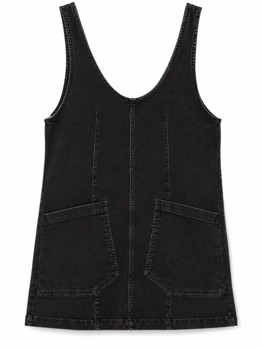 Black Mineral Wash Denim Smock Overall Dress Adjustable Straps, L, Scandi